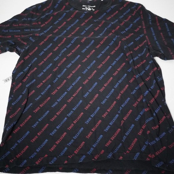 True Religion Brand All Over Logo Tee Black Red Print Size M Cotton Crewneck - Picture 2 of 4